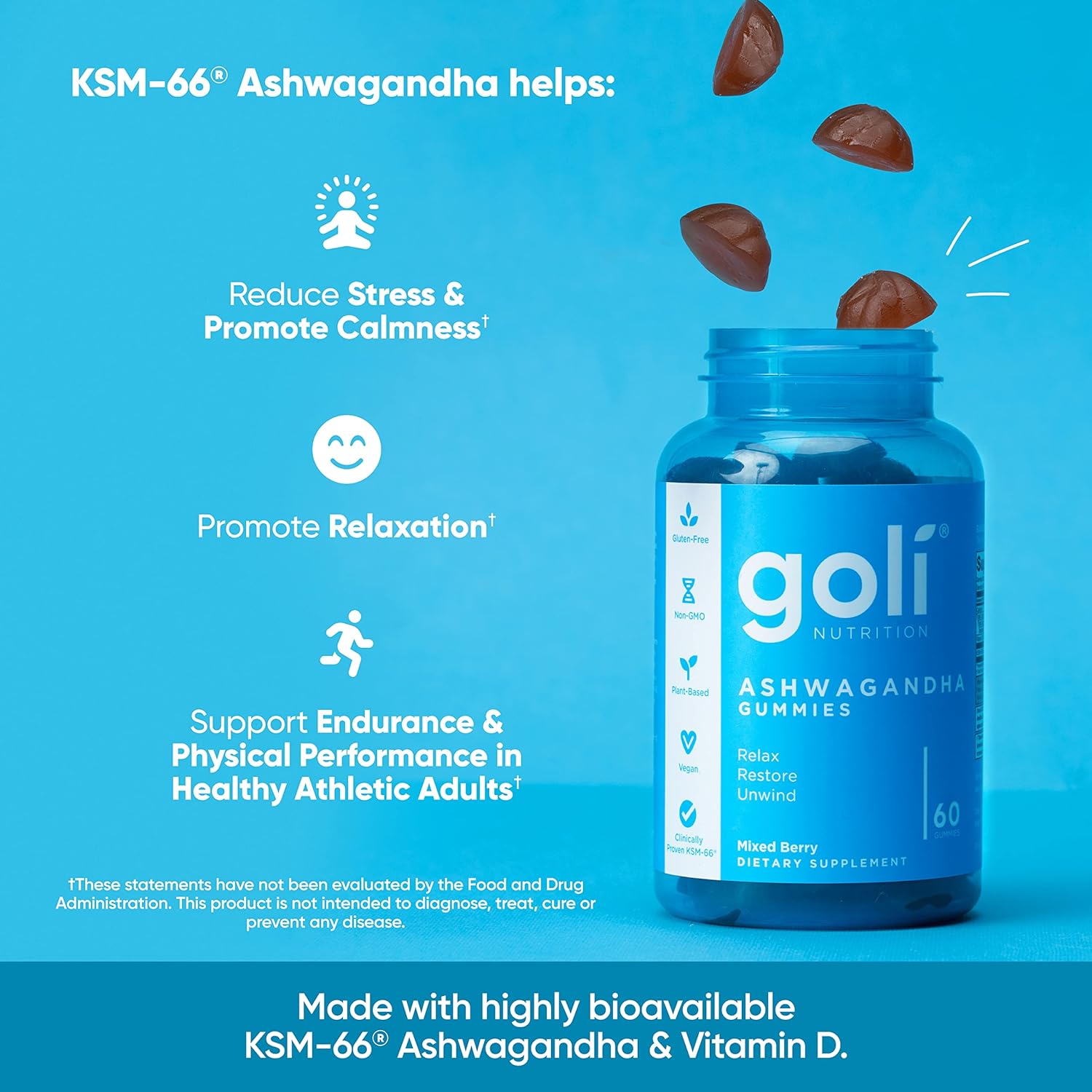 Goli Ashwagandha & Vitamin D Gummy - Mixed Berry, KSM-66, Vegan, Plant ...