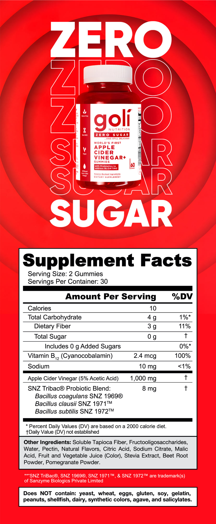 Goli Zero Sugar Apple Cider Vinegar+ Gummies bottle and Supplement Facts
